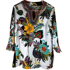 John Mark Tunic Top Womens Small Embroidery Floral 3/4 Sleeve Quality Old Money